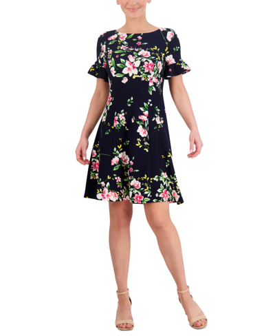 Jessica Howard Petite Printed Ruffle-sleeve Fit & Flare Dress In Navy,pink
