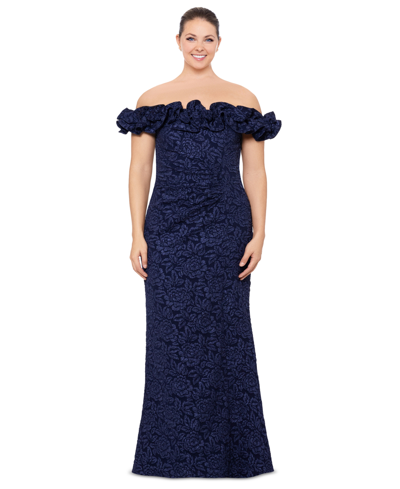 Xscape Plus Size Off-the-shoulder Jacquard Gown In Navy