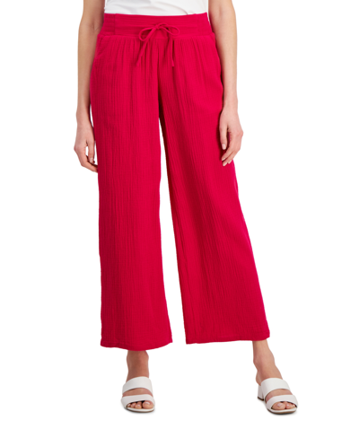 Jm Collection Petite Cotton Gauze Wide-leg Pants, Created For Macy's In Claret Rose