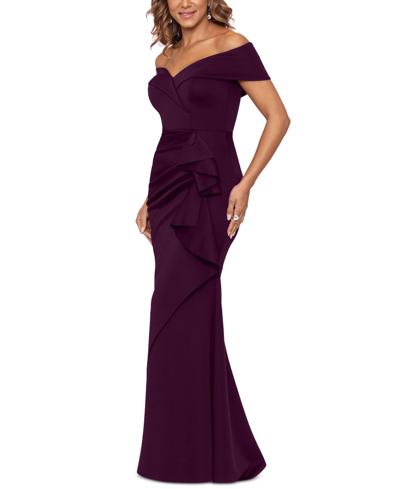 Xscape Scuba Off-the-shoulder Gown In Wine