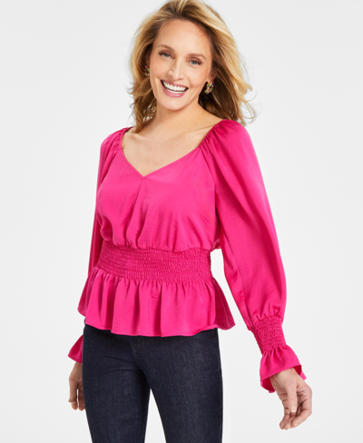 Inc International Concepts Women's Long-sleeve Smocked Blouse, Created For Macy's In Pink Dragonfruit