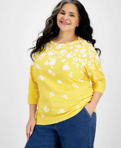 Style & Co Plus Size Printed Pima Cotton 3/4-sleeve Top, Created For Macy's In Raining Corn Yellow