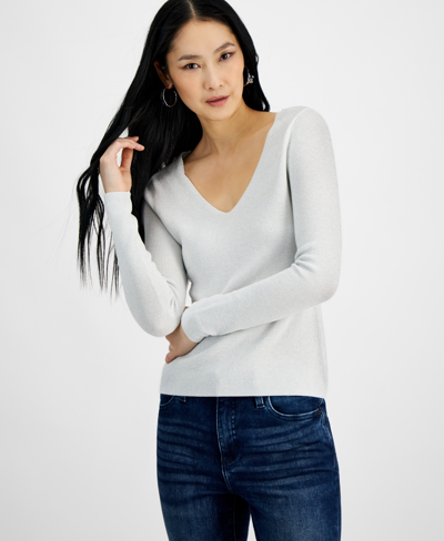 Inc International Concepts Women's V-neck Metallic Sweater, Created For Macy's In White Lurex