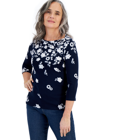 Style & Co Women's Printed Pima Cotton Boat-neck 3/4-sleeve Top, Created For Macy's In Navy Floral