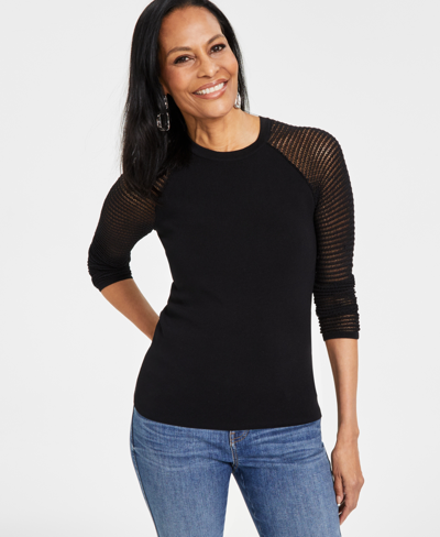 Inc International Concepts Women's Crochet-sleeve Sweater, Created For Macy's In Deep Black