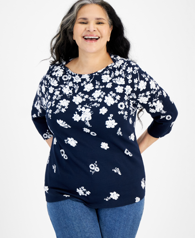 Style & Co Plus Size Printed Pima Cotton 3/4-sleeve Top, Created For Macy's In Raining Industrial Blue