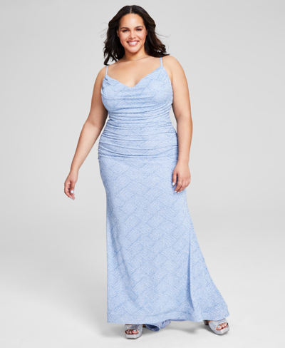 B Darlin Trendy Plus Size Glitter-knit Ruched Gown In Light Blue,light Blue