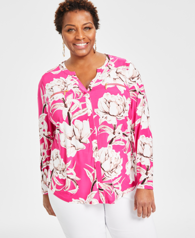 Inc International Concepts Plus Size Printed Zip-detail Top, Created For Macy's In Mariana Combo Pink