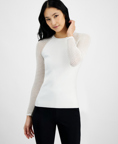 Inc International Concepts Women's Crochet-sleeve Sweater, Created For Macy's In Washed White