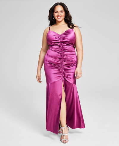 Bcx Trendy Plus Size Ruched Satin Gown, Created For Macy's In Plum