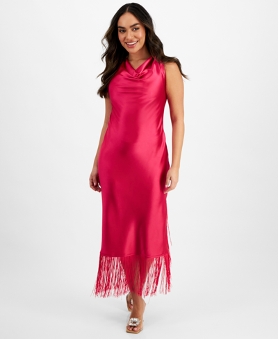 Inc International Concepts Petite Fringed-hem Cowlneck Sleeveless Dress, Created For Macy's In Pink Dragonfruit