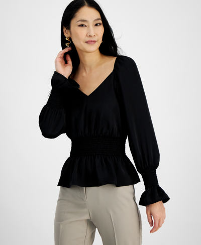Inc International Concepts Women's Long-sleeve Smocked Blouse, Created For Macy's In Black