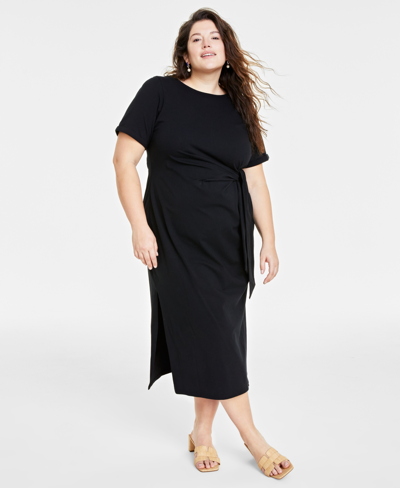 On 34th Trendy Plus Size Side-tie Knit Midi Dress, Created For Macy's In Deep Black
