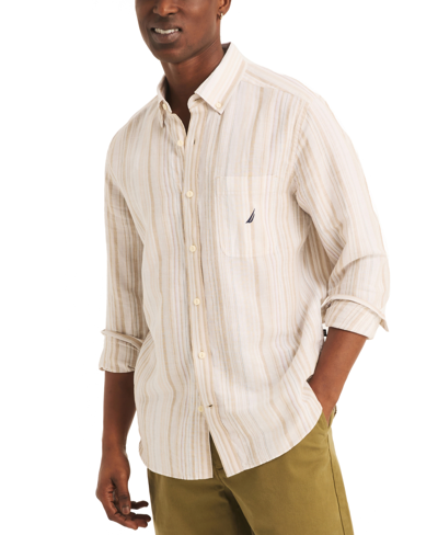 Nautica Men's Classic-fit Striped Linen-blend Long Sleeve Shirt In Oatmeal