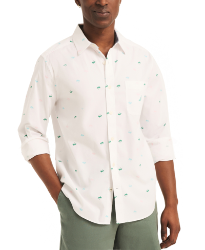 Nautica Men's Classic-fit Colorful Palm Tree Print Oxford Long Sleeve Shirt In Bright White