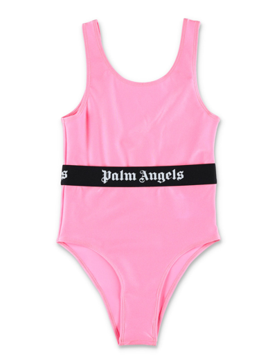 Palm Angels Kids' Logo腰边缎面比基尼套装 In Pink