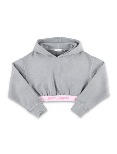 Palm Angels Kids' Logo-band Cropped Hoodie In Grey