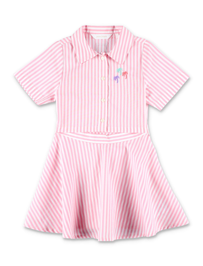 Palm Angels Kids' Palm-embroidered Striped Cotton Dress In Black