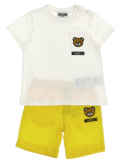 Moschino Babies' T-shirt + Logo Embroidery Shorts In Yellow
