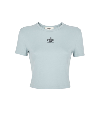 Fendi Logo刺绣短款t恤 In Pale Blue