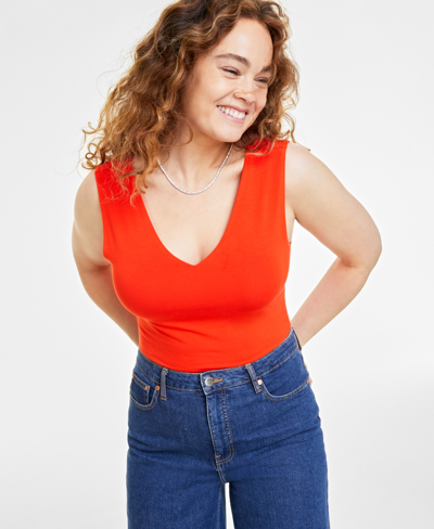 On 34th Women's Knit Double V-neck Bodysuit, Created For Macy's In Rave Red