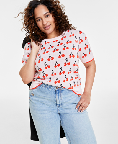On 34th Trendy Plus Size Cherry Jacquard Short-sleeve Sweater, Created For Macy's In Pnk Dogwoo