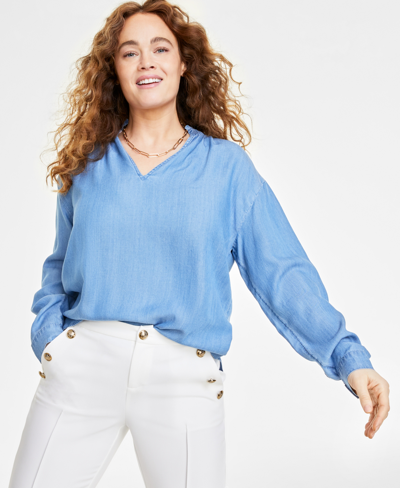On 34th Women's Long-sleeve Ruffle-neck Top, Created For Macy's In Spring Wash