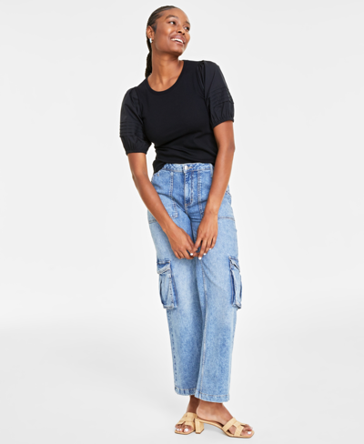 On 34th Women's Knit Elbow Puff Sleeve Top, Created For Macy's In Deep Black