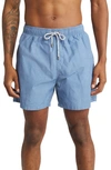 Vintage Summer Solid Washed Water Repellent Swim Trunks In Blue