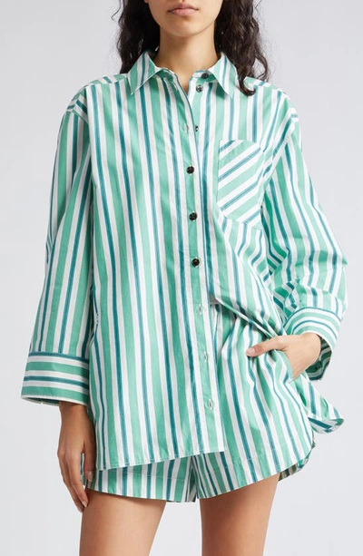 Ganni Stripe Organic Cotton Button-up Shirt In Green