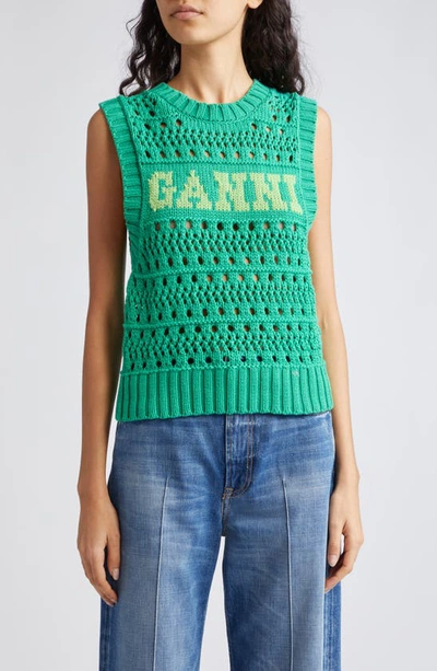 Ganni Logo-jacquard Crochet Sweater Vest In Juniper