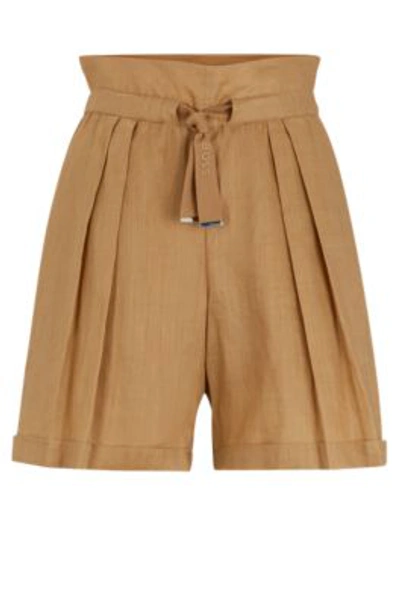 Hugo Boss Regular-fit Paperbag Shorts In Ramie Canvas In Light Brown