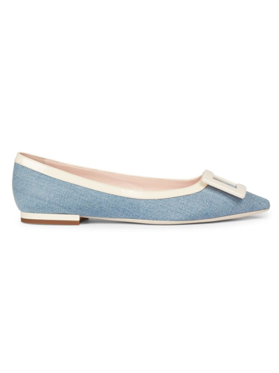 ROGER VIVIER WOMEN'S GOMMETTINE LEATHER-TRIMMED DENIM BALLERINA FLATS