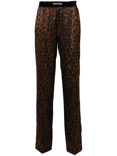 Tom Ford Brown Leopard-print Silk Track Pants In Black