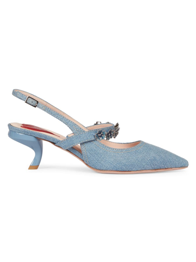 Roger Vivier Virgule Flower Slingback Denim Pumps