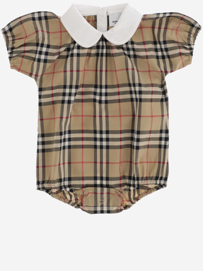Burberry Kids' Stretch Cotton Bodysuit With Check Pattern In Red