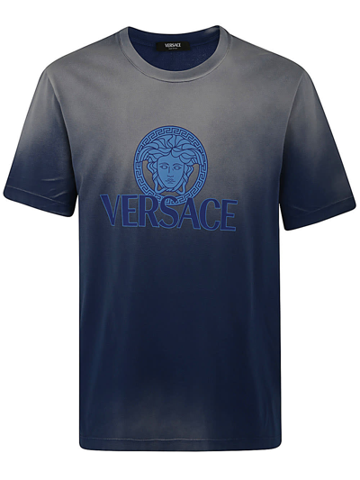 Versace T-shirt Jersey Fabric Degrade Overdye In Blue