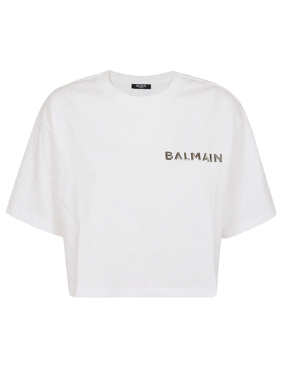 Balmain Laminated Cropped T-shirt In Gac Blanc Argent
