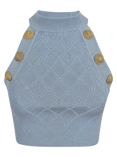 Balmain Buttoned Cropped Knit Top In Di Bleu Pale