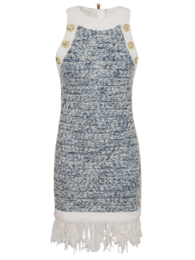 Balmain Buttoned Denim Fringed Tweed Short Dress In Slj Bleu Pale Blanc