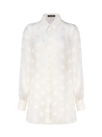 Dolce & Gabbana Monogram-jacquard Semi-sheered Shirt In White