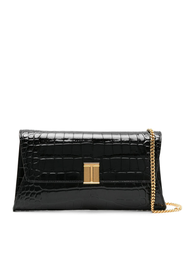 Tom Ford Shiny Croc Embossed Leather Clutch In Black