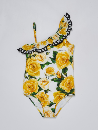 Dolce & Gabbana Kids' Girl's Flowering One-piece Swimsuit In Bianco-giallo