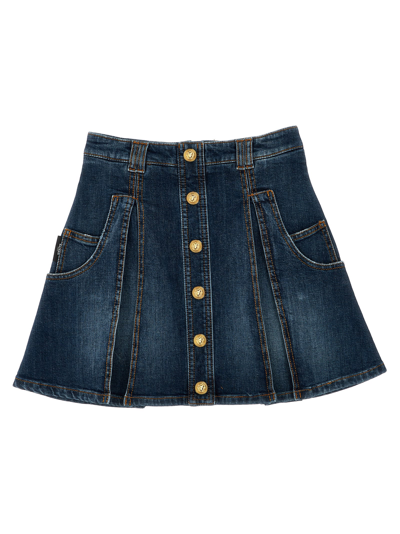 Balmain Kids' Girls Blue Pleated Denim Skirt