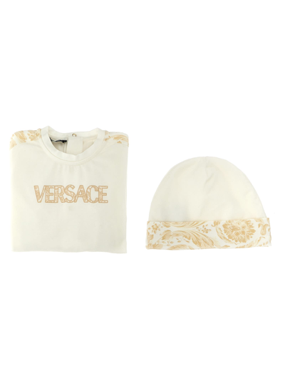Versace Kids' Barocco Sleepsuit And Beanie Baby Set In White
