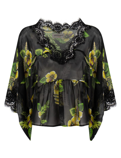 Ermanno Firenze Blouse In Black/yelow/green