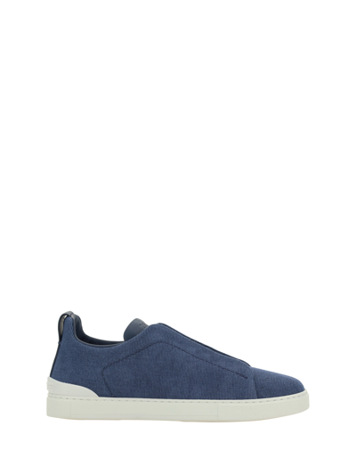 Zegna Triple Stitch Low Top Sneakers Shoes In Blue Medio Unito