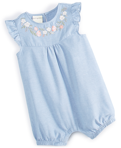 First Impressions Baby Girls Cotton Chambray Flower Sunsuit, Created For Macy's In Light Wash