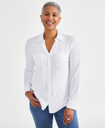 Style & Co Women's Button-down Knit Shirt, Created For Macy's In Bright White