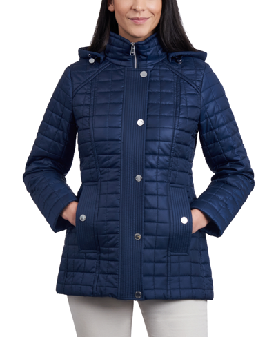 London Fog Women's Petite Hooded Quilted Water-resistant Coat In Midnight Navy